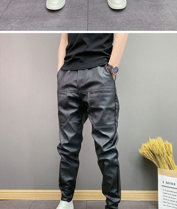 Pantaloni casual alla moda in pelle PU elastica da uomo, antivento e impermeabili, a sei tasche, tinta unita_voghion.com