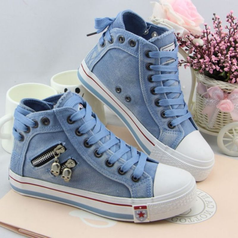 Denim High Top Canvas Women's Korean Style Casual Shoes 2024 Spring and Autumn New Retro Large Size Sneakers Zipper_voghion.com