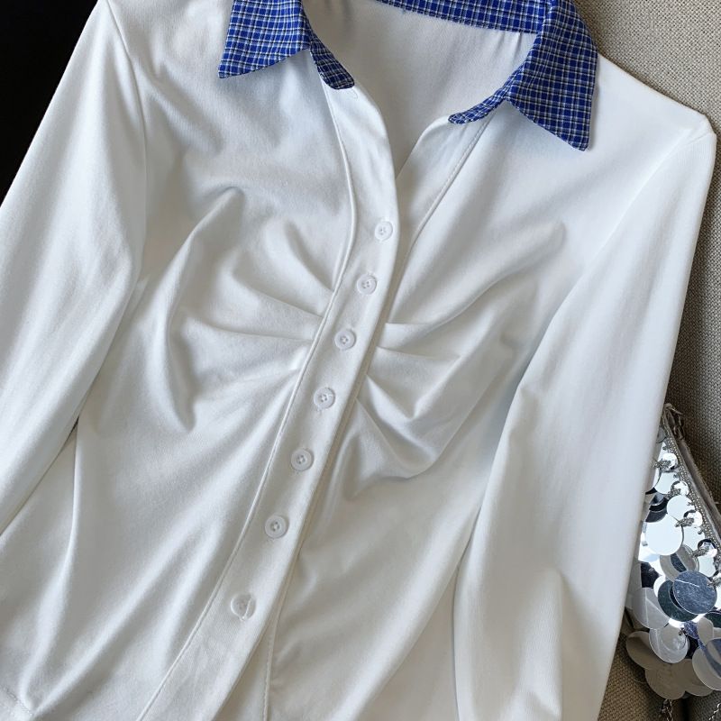 Maglietta a maniche lunghe con colletto polo da donna, nuova primavera, versatile, a quadri con pieghe e colori a contrasto_voghion.com