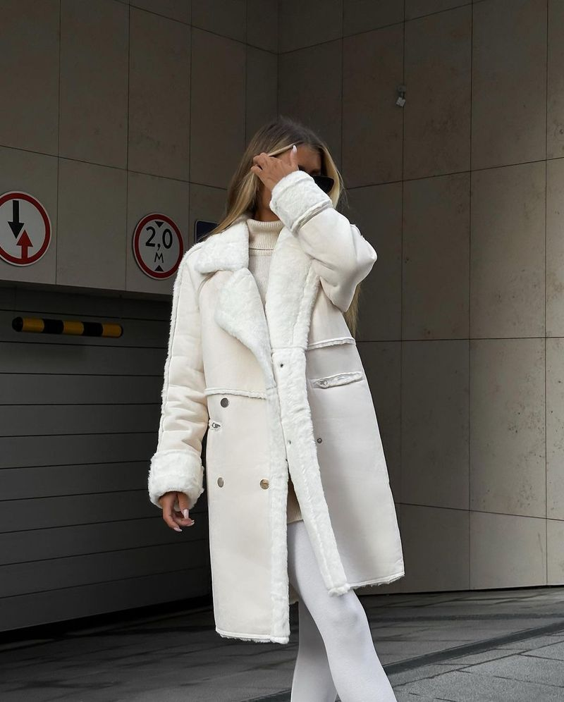 Damen-Strickjacke aus Wildleder mit Anzugkragen und langen Ärmeln und Plüschmantel_voghion.com