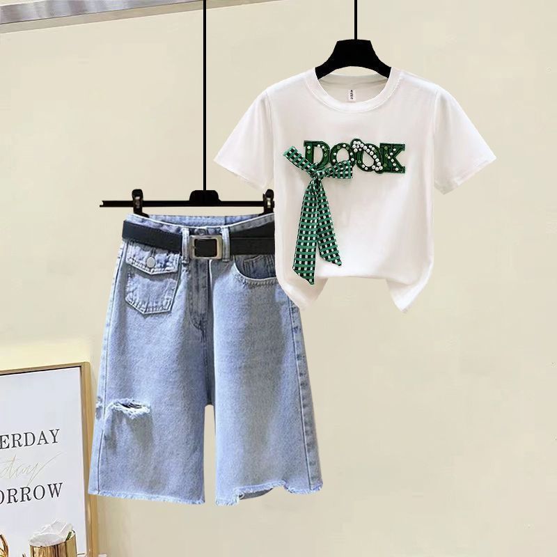Women's Clothing fashion color matching embroidery short-sleeved T-shirt raw edge hip-wrapped A-line high waist denim skirt_voghion.com