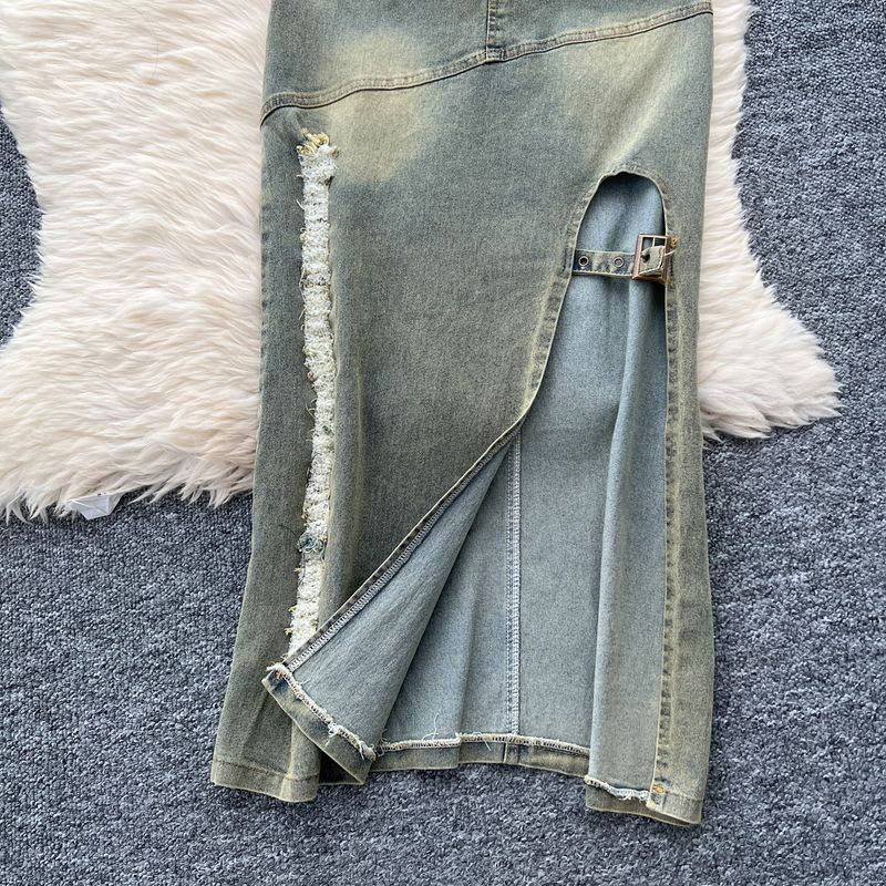 Women's Clothing Retro Washed Distressed Halter Neck Sleeveless Lapel Raw Edge Denim Top Slit Slim Skirt Two Piece Set_voghion.com