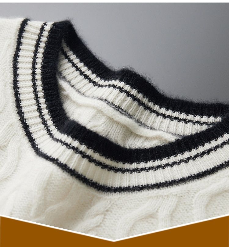 Pure Men's 100% Pure Wool Round Neck Thickened Color Block Jacquard Autumn Winter New Knitted Sweater Base Layer_voghion.com