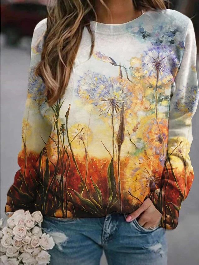 Felpa con cappuccio a maniche lunghe con stampa floreale e paesaggio da donna 2022_voghion.com