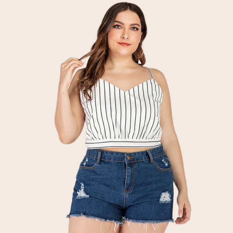 2023 Summer New Large Women's Black and White Stripe Bra Off Shoulder Sling Casual Tank Top JR327_voghion.com