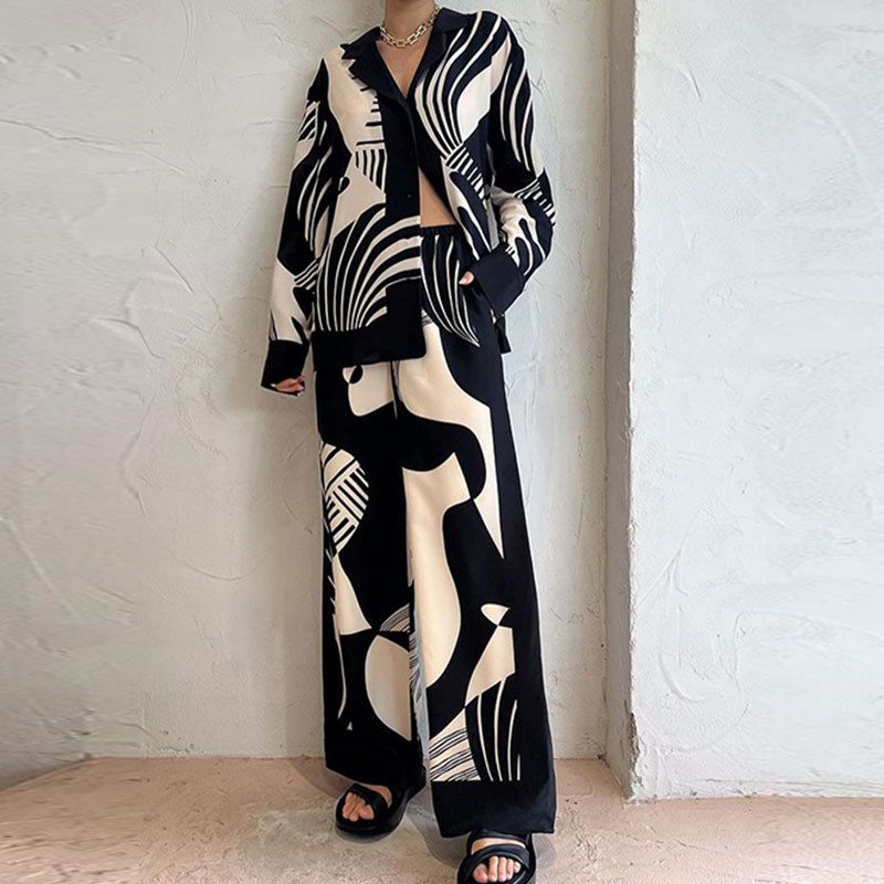 Vêtements pour femmes, nouveau style de printemps, costume pour femmes, imprimé, col rond, manches chauve-souris amples, taille, pantalon large, costume de mode_voghion.com