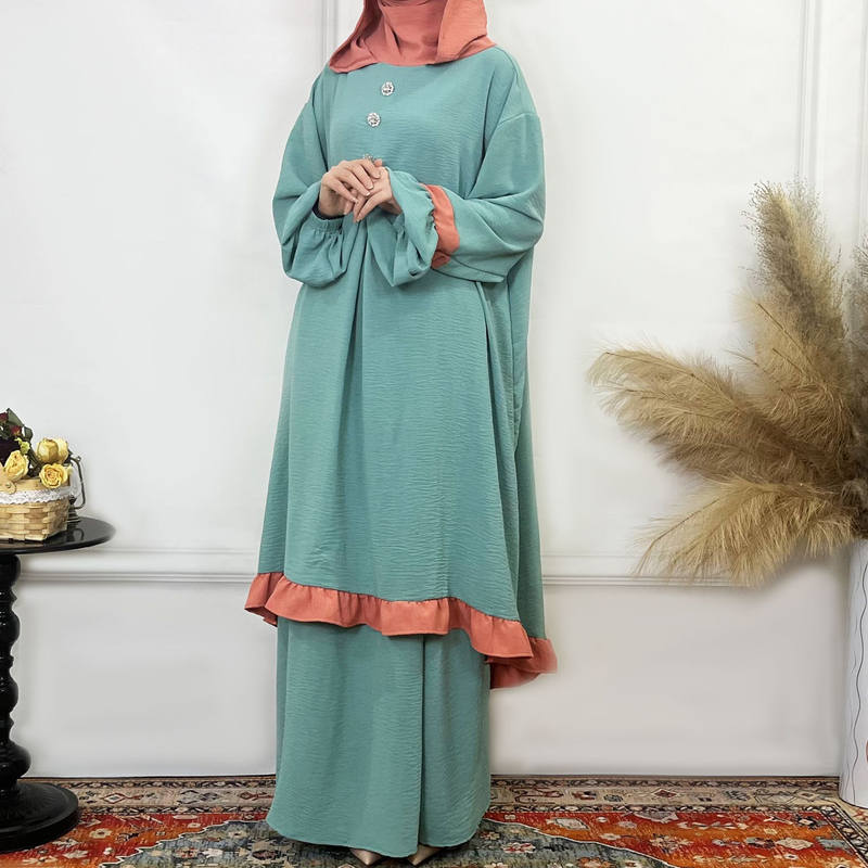 Women's Clothing Solid Color Ruffled Burkha Two Piece Set_voghion.com