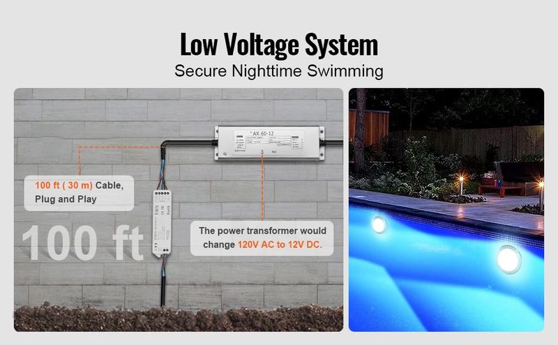 VEVOR 120V AC LED Pool Light, 10in 40W, RGBW Color Changing Inground Swimming Pool Spa Light Underwater, With 100 FT Cord Remote Control, Fit For 10 In Large Wet Niches, IP68 & Tested To UL Standards_voghion.com