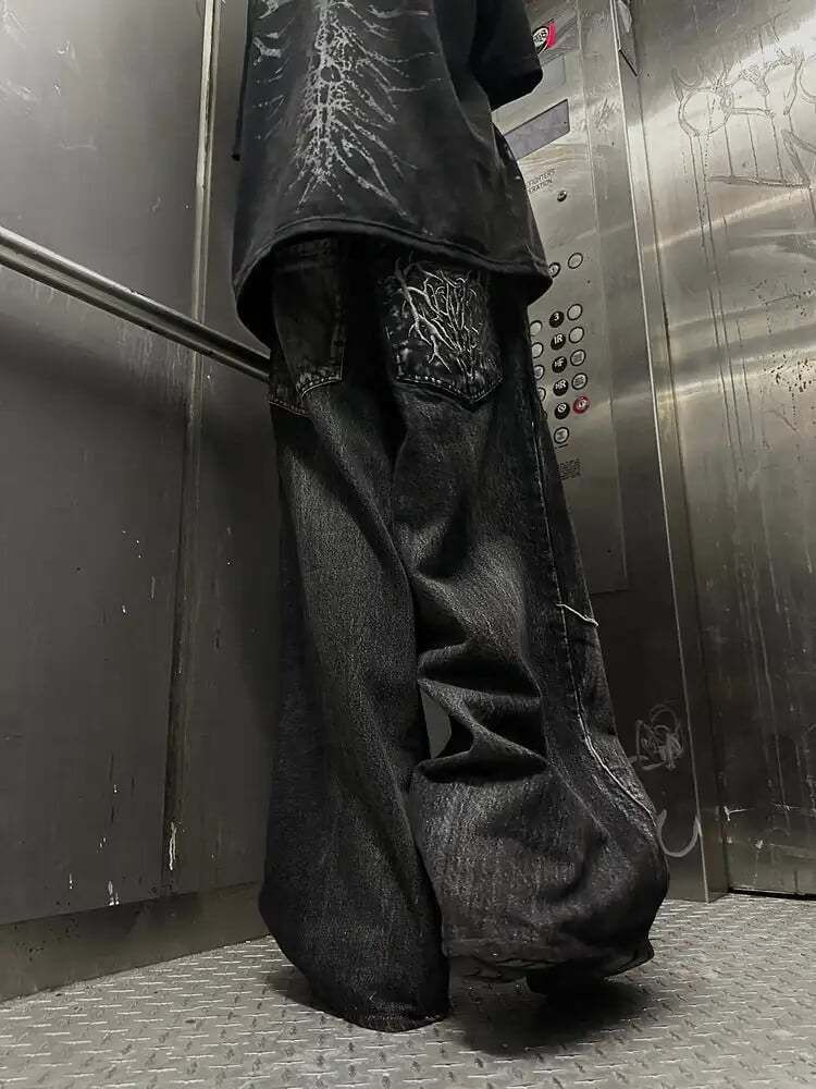 Men's Clothing Jeans Y2k Dark Style Line Design Wide Leg Pants Street Loose Trousers_voghion.com