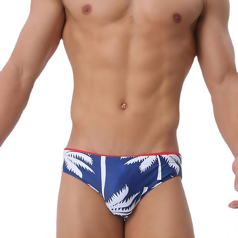 UXH Men's Swim Trunks With Cup Fashion Coconut Tree Print Beach Vacation Style Sexy Triangle_voghion.com