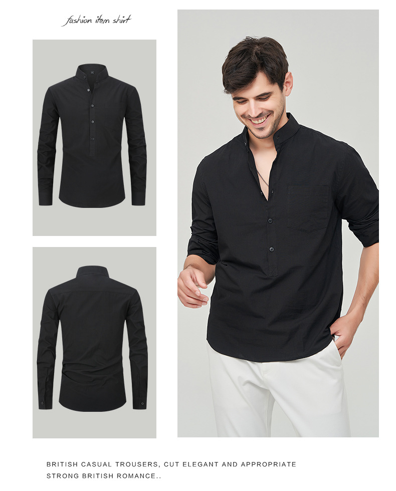 Abbigliamento Uomo Camicia Camicia Henry in cotone da uomo Camicia in lino con collo alto Camicia a maniche lunghe da uomo_voghion.com