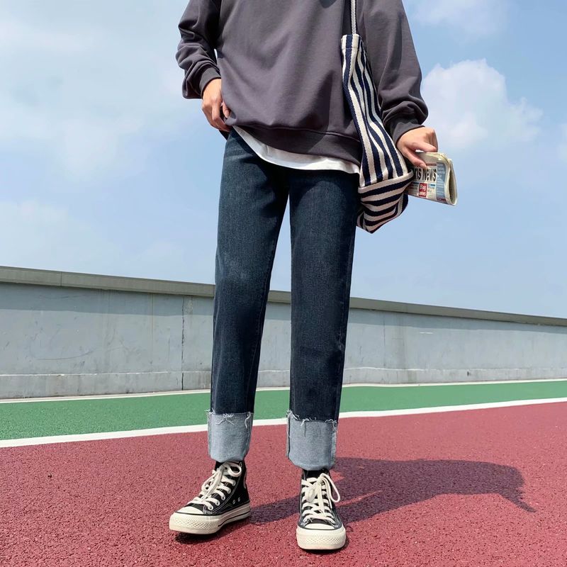 Gekräuselte tiefblaue Jeans für Studentinnen, koreanische Version lockere Hose mit hoher Taille, neuer Herbststil für Mädchen, gerade_voghion.com