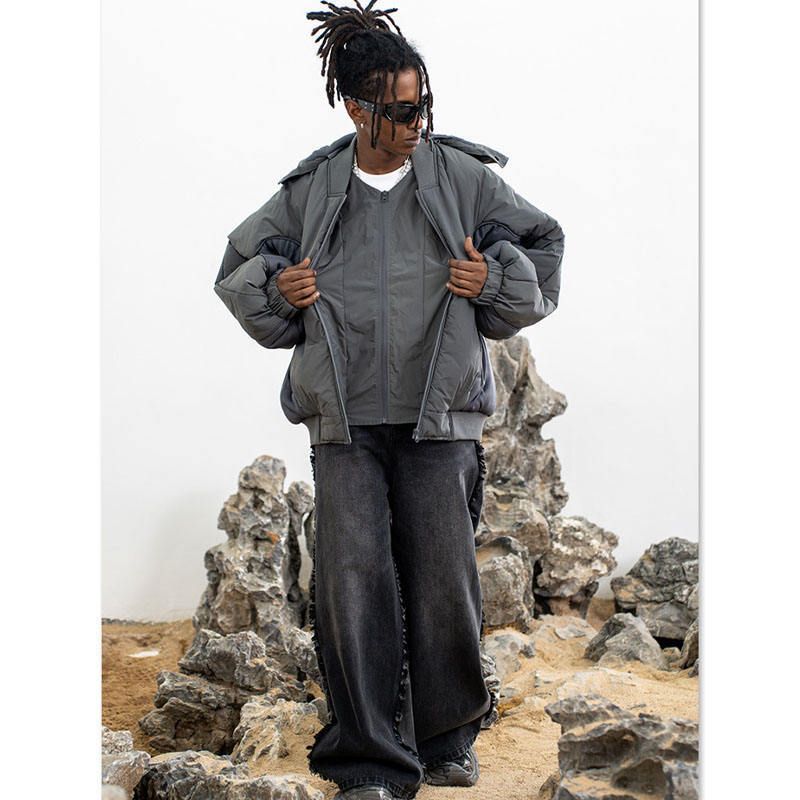 Abbigliamento maschile INS caldo inverno patchwork contrasto colore cappuccio funzionale stile uomini e donne sciolto doppio strato cerniera giacca di cotone ispessito tendenza_voghion.com