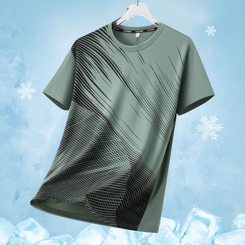 Camiseta de manga corta de seda helada con cuadrícula de líneas para hombre, cuello redondo y media manga de verano._voghion.com