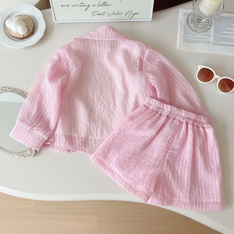 Abbigliamento per bambini, completo estivo da bambina, stile nuovo, alla moda, a righe verticali, a maniche lunghe, con protezione solare, pantaloncini, completo da tre pezzi_voghion.com