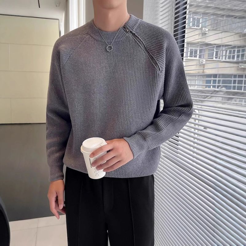 Lazy style fashionable round neck diagonal zipper solid color light mature trendy brand men's winter knitted sweater pullover sweater_voghion.com
