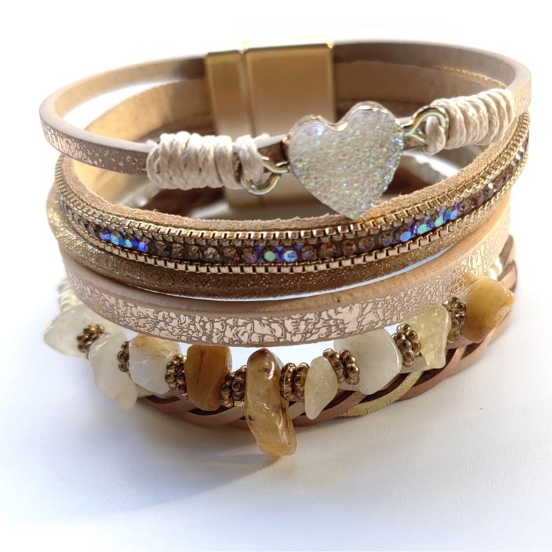 Multi Layer Fashionable Peach Heart Crushed Stone Leather Bracelet, Ladies' Magnetic Buckle Batch_voghion.com