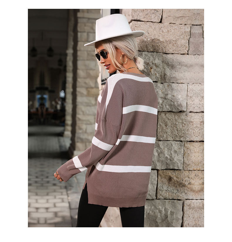 Maglione pullover a maniche lunghe con scollo a V a righe in colori a contrasto_voghion.com