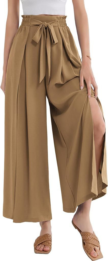 Calça Palazzo Feminina Leve, Casual, de Cintura Alta, com Bolsos e Fenda - Calça Larga e Flutuante para o Verão_voghion.com