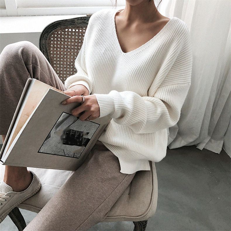 Damenbekleidung 2024 Herbst und Winter V-Ausschnitt Langarm lockerer Lazy-Style Pullover mit einfachem Saum Strickpullover Pullover mit Bodenbildung Damentrend_voghion.com