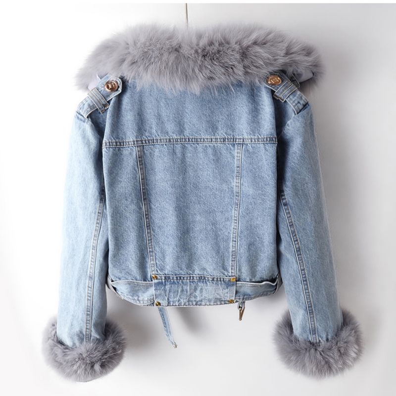 Giacca corta da donna in denim di piccole dimensioni, alla moda, con collo in pelliccia di volpe e fodera in pelliccia di coniglio, stile autunno e inverno_voghion.com