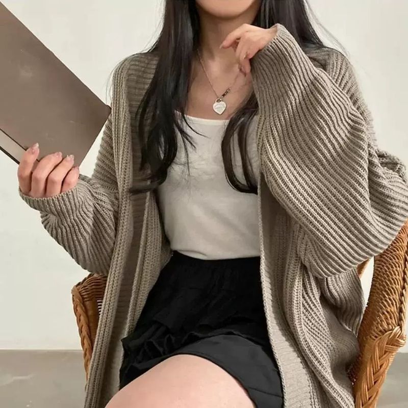 South Korea Chic Autumn Winter Age-Reducing Loose Casual Lazy Versatile Mid-Length Sweater Cardigan Women's Warm Coat_voghion.com