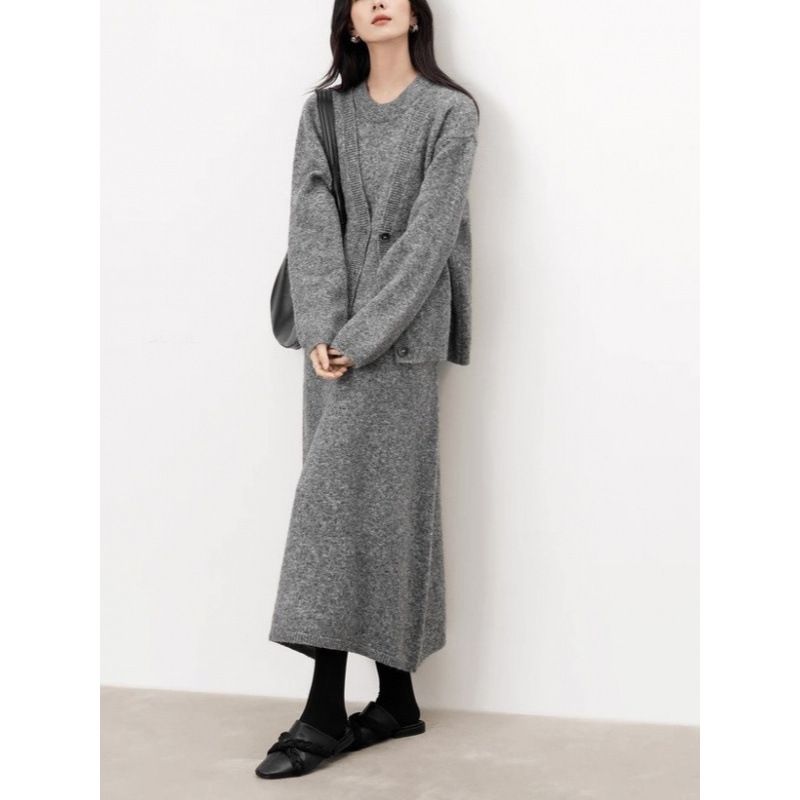 Lazy Style Two-Piece Sweater For Women, Autumn And Winter New Fashionable Elegant Knitted Cardigan, Mid-Length Dress Set_voghion.com
