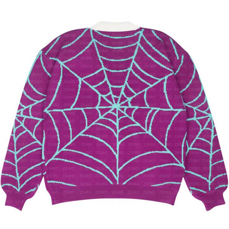 Cardigan rétro à imprimé toile d'araignée – Pull boutonné vintage Y2K (col en V unisexe, coupe oversize, 70 % acrylique, vert/noir/bleu/violet)_voghion.com
