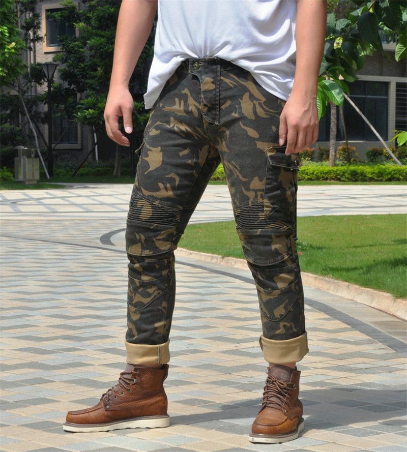 Jeans da motociclista classici mimetici da uomo – Pantaloni in denim elasticizzato per tutte le stagioni con protezione per le ginocchia e misto cotone traspirante (ATM-8, mimetico)_voghion.com