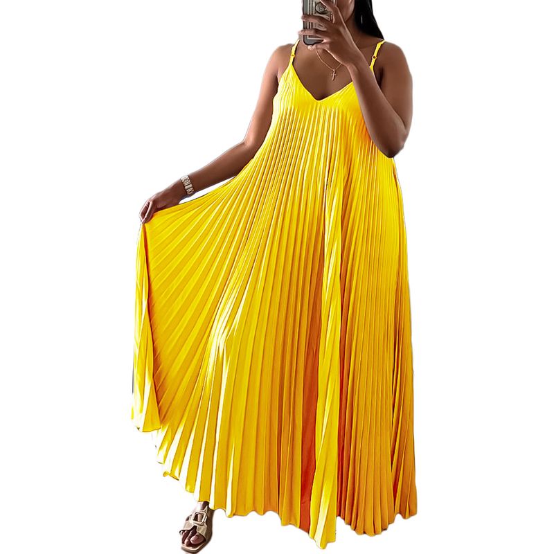 Novo estilo de saia longa plissada com decote em V e suspensório de praia estilo férias_voghion.com