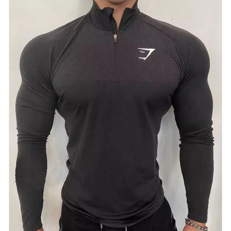 Maglietta sportiva da uomo in stile americano, per allenamento, ciclismo e corsa, vestibilità slim, con cerniera elastica, a maniche lunghe_voghion.com