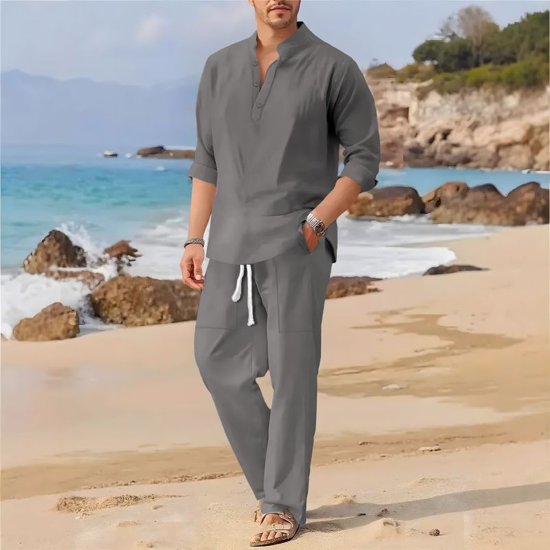 Completo da uomo in lino con camicia e pantaloni con colletto alla coreana, tessuto leggero e traspirante (bianco/grigio/nero/azzurro/rosa/kaki, S-XXL)_voghion.com
