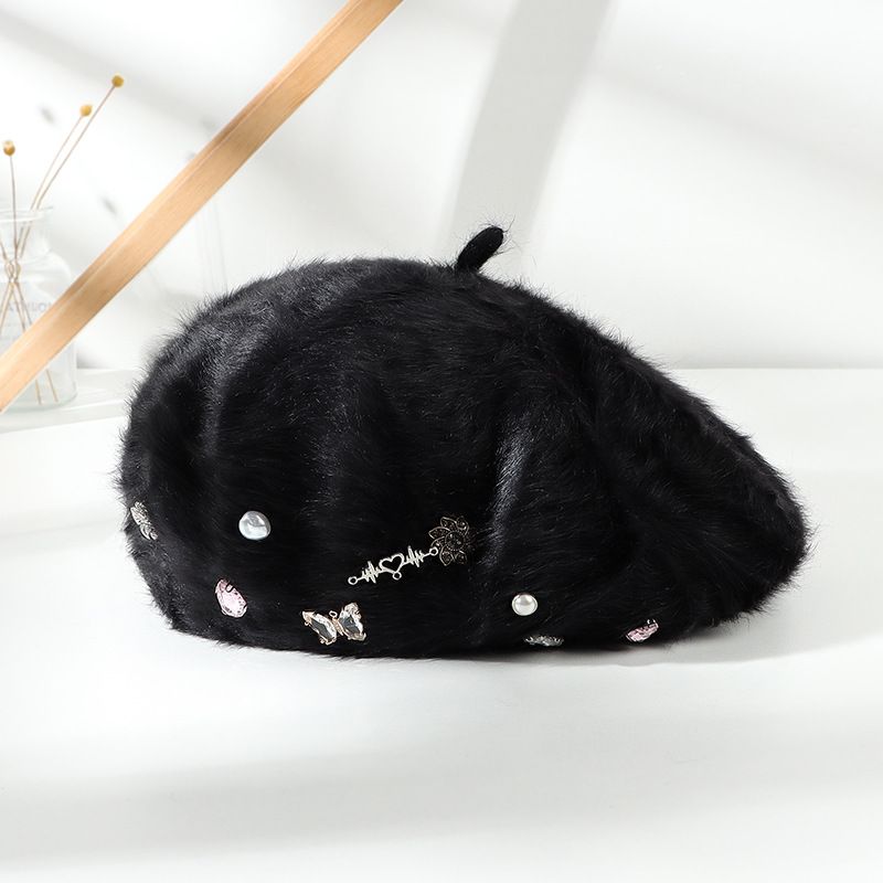 2024 Autumn/winter New Rabbit Hair Butterfly Rose Water Diamond Combination White Girls' Hat Warm Beret_voghion.com