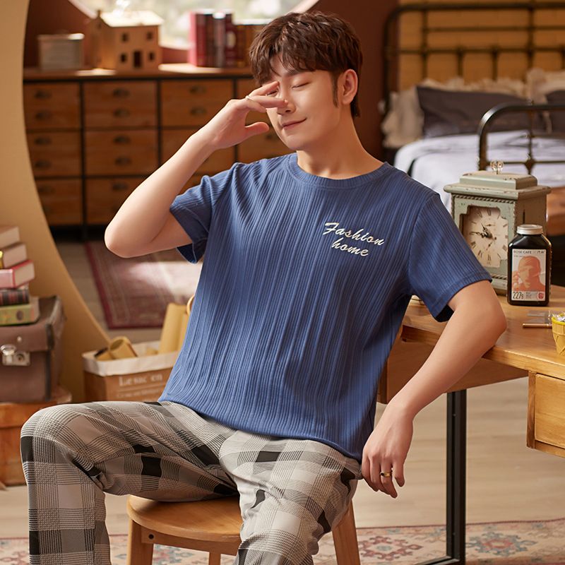 New men's sleepwear cotton short sleeved pants plus size set casual loose and simple summer thin home clothing_voghion.com