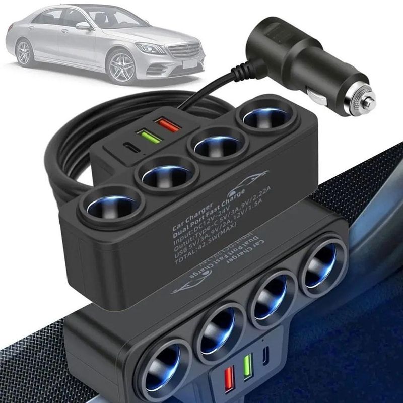 One To Four Intelligent Cigarette Lighter Dual USB+PD Charger QC3.0 Car Converter_voghion.com