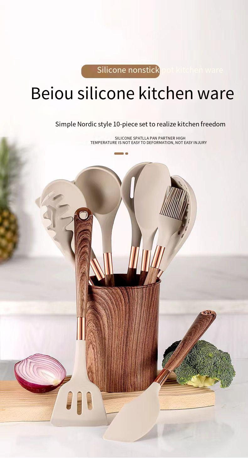 Kochen Silikon Holzmaserung Küchengeschirr 10-teiliges Löffel Küche Antihaft-Pfanne Spachtel Set mit Aufbewahrungseimer_voghion.com
