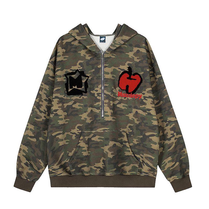 Giacca con cappuccio oversize con ricamo autunnale, stile americano, mezza cerniera, per uomo e donna_voghion.com