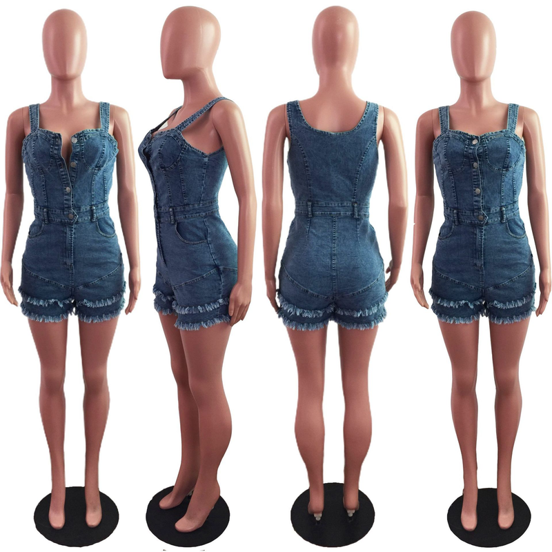 Modischer schmaler Jeans-Strampler für Damen mit Fransen_voghion.com