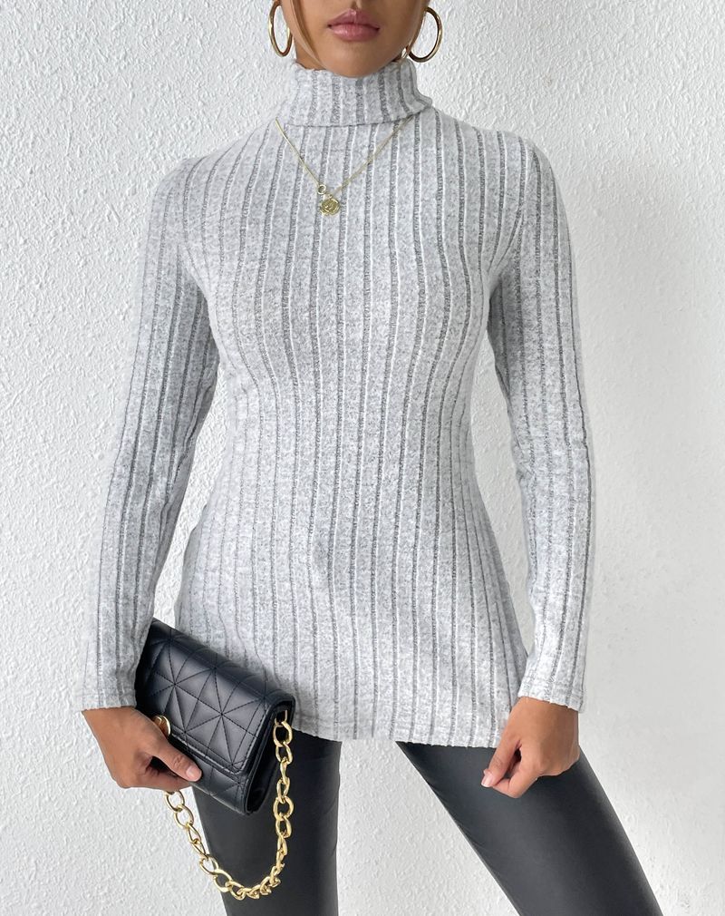 Women's turtleneck pullover slit slim-fit base pit striped medium length_voghion.com