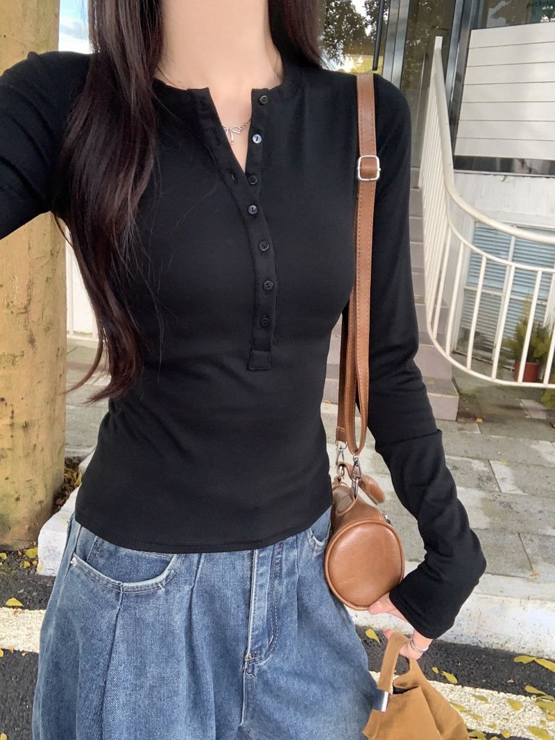 514 # 40 kombe puhas puuvill (92 puuvill/8 elastaan) 2024 sügis pikkade varrukatega naiste T-särk nööpidega avatud kraega_voghion.com