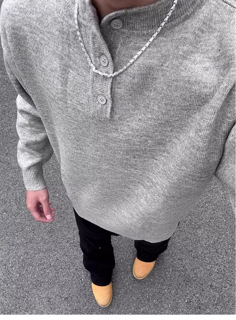 Vintage Henley Neck Sweater For Men - Oversized Cotton Blend Knit Pullover With Ribbed Hem_voghion.com