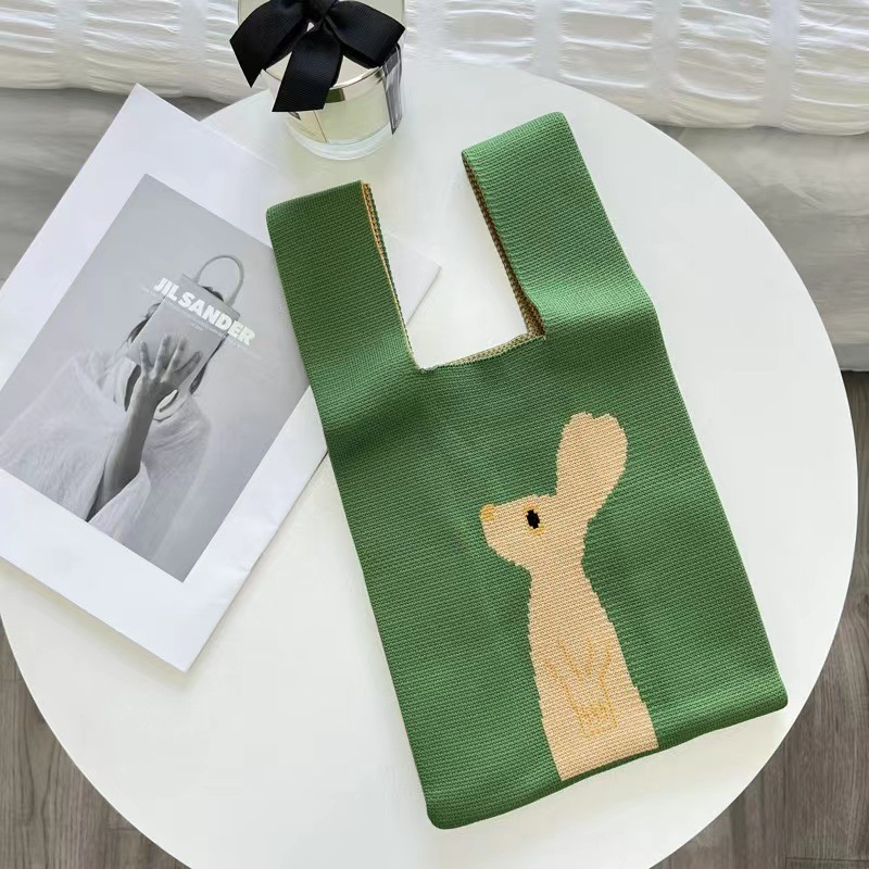 Borsa a tracolla lavorata a maglia con coniglio dei cartoni animati da donna, edizione coreana, semplice borsa da studente universitario di grande capacità, borsa per la spesa_voghion.com