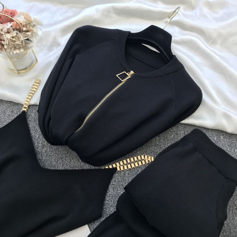 Damen Strickanzug Weste, Jacke, Elastische Hose, Modischer Dreiteiler_voghion.com