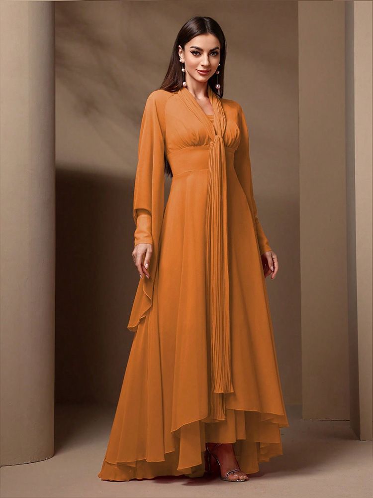 Women's Elegant Chiffon Maxi Dress With V-Neck, Lantern Sleeves & Ruffle Trim - A-Line High Waist Party Gown For Wedding, Evening Occasions (Orange)_voghion.com