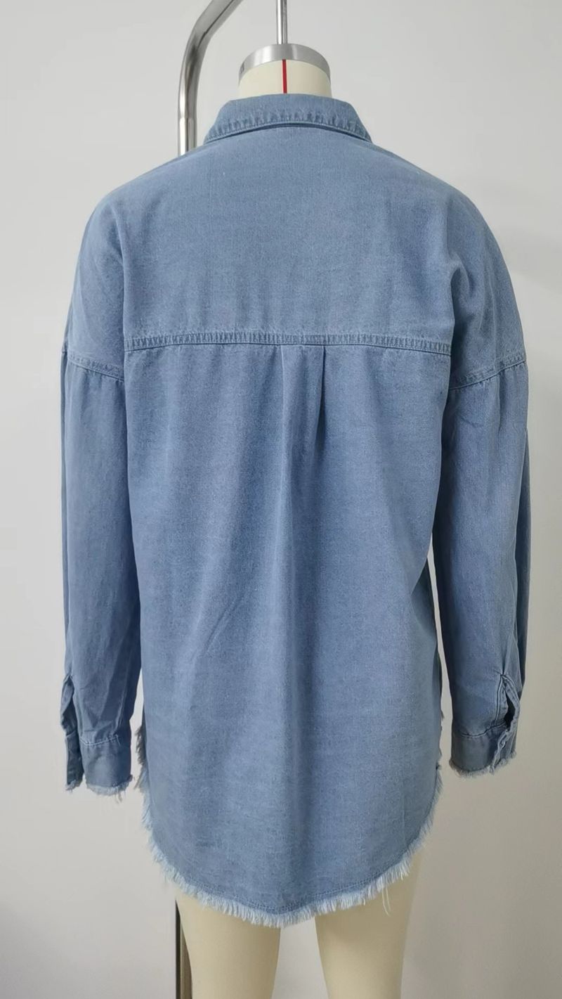 verwaschenes zerrissenes Jeanshemd, langärmliges Oberteil mit offenen Kanten für Damen_voghion.com