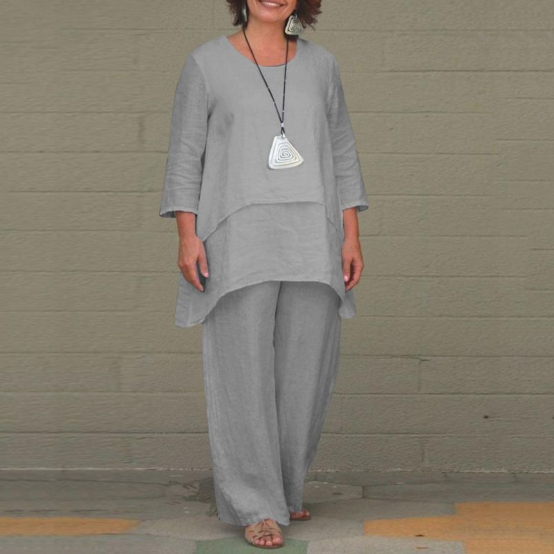 2024 Nouvelles Femmes Coton Chanvre Mode Décontracté Grande Irrégulière Manches Longues Pantalon Large Jambe Deux Pièces Ensemble_voghion.com