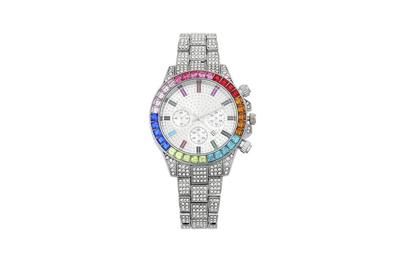 Women's Elegant Three-Eye Calendar Watch With Colorful Rhinestones, Round Dial, Alloy Band, And Mineral Crystal Full Diamond Ladies Watch Female Watch_voghion.com