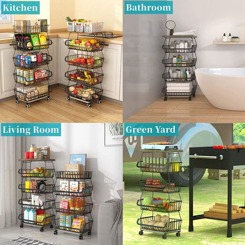 4/5/6 Tier Fruit Basket For Kitchen Organizers And Storage,with Solid Wood Top,Stackable Metal Wire Basket Stand Cart With Wheels For Fruit Vegetable_voghion.com