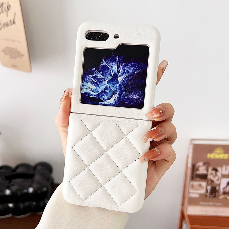 Mobile phone case for Samsung zflip5 plaid ins style mobile phone case plain leather new folding belt ring protective cover leather_voghion.com