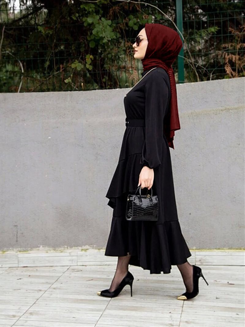 2207 # Türkiye Langes muslimisches Tunikakleid mit zwei Lagen Rüschen für Damen_voghion.com